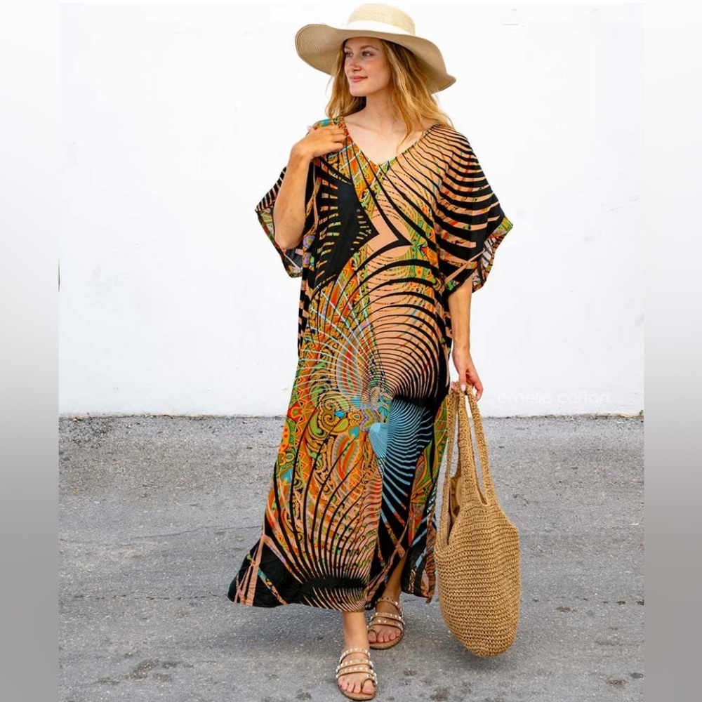 colorful psychedelic Abstract Print Maxi Kaftan boho resortwear maxi dress OS